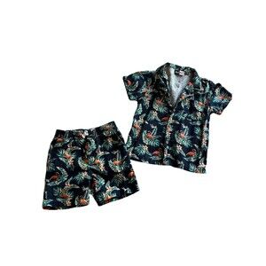 Mick Mack Linen Blend  Two Piece Flamingo HAWAIIAN FLORAL Shirt & Shorts Set 4T